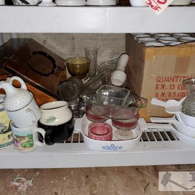 9044: Glass Dishware, Pyrex & Corning Ware Dishes, Vintage Bread Box, Box of new mugs
Glass Dishware, Pyrex & Corning Ware Dishes,...