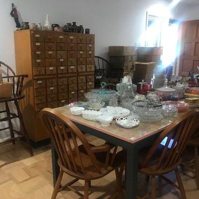 Dining Table, China, Crystal, Windsor Style Chairs,