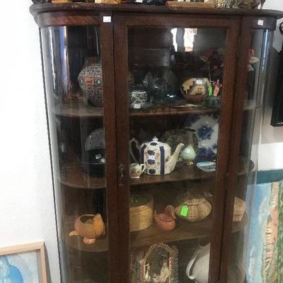 Antique Oak China Cabinet, curved glass  