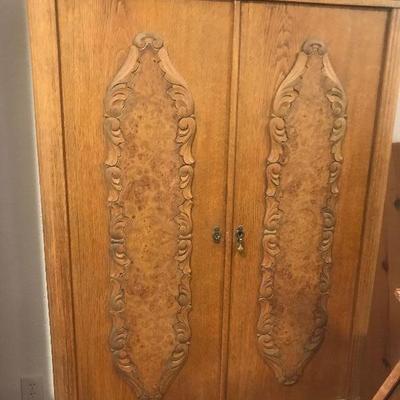 Antique Oak Cabinet with Hand Carved Burl Wood Inserts