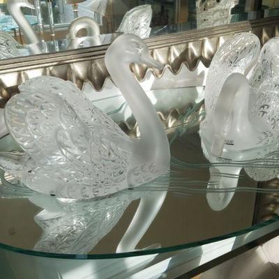 Jumbo size Lalique Swans. Signed 