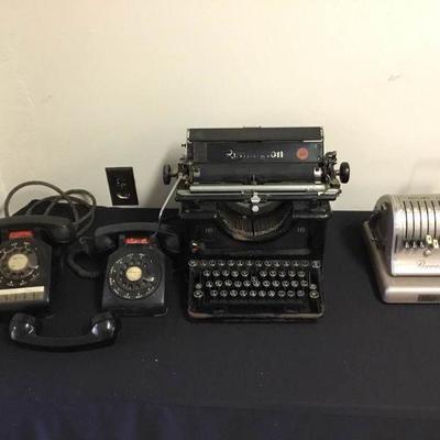 Antique Typewriter, Paymaster, and Rotary Phones