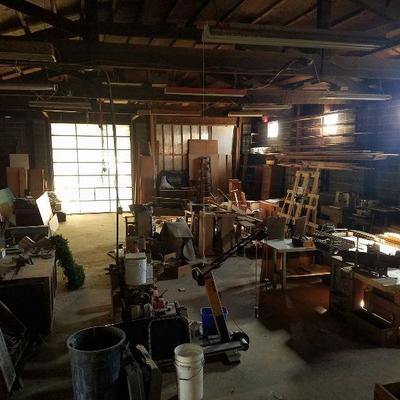 Massive shop with power tools, wood scraps, antique tools, and more!