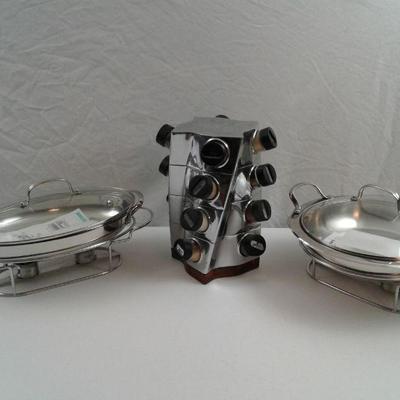 2 Cuisinart Chafing Dishes and a Nambe Spice Rack