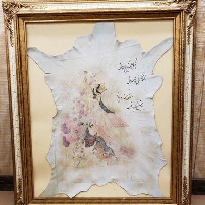 4438: Vintage Japanese Geisha Painted on Hide in Frame
Measures approx 31"Ã—36"