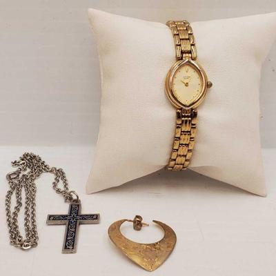 335: Citizen Quartz Watch, Cross Pendant Necklace and Earring
Earring is marked E-1/20- 12kt. Necklace measures approx 19"