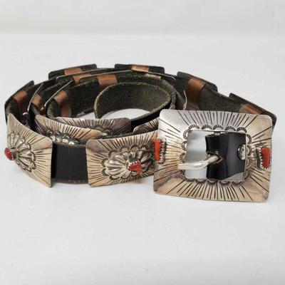300: Native American Handmade marked Sterling Silver Concho Belt with Red Coral stones
Concho Belt has 15 conhos. Can be adjusted to fit...