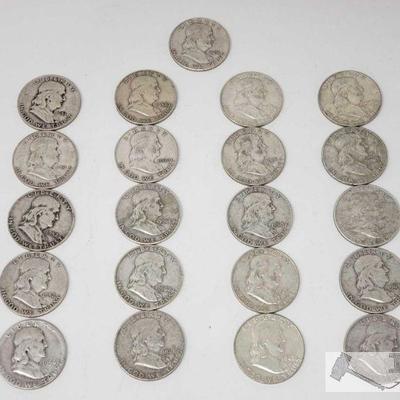 21 1951-1963 Franklin Silver Half Dollars, Weighs Approx 262.2g
21 1951-1963 Franklin Silver Half Dollars, Weighs Approx 262.2g