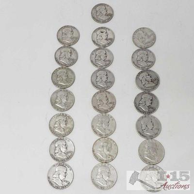 22 1951-1963 Franklin Silver Half Dollars, Weighs Approx 274.3g
22 1951-1963 Franklin Silver Half Dollars, Weighs Approx 274.3g