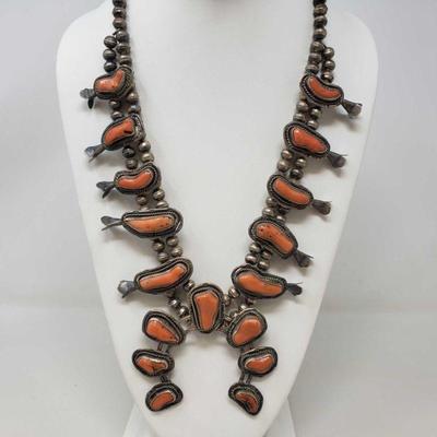 Native American Sterling Silver Squash Blossom Necklace with Red Coral Stones!
Squash Blossom Necklace, Measures Approx 24"