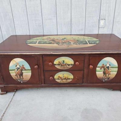 3704:LHorse Jockey Decorative Wood Chest
Measures approx. 48" x 22" x 17"