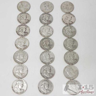21 1951-1963 Franklin Silver Half Dollars, Weighs Approx 261.3g
21 1951-1963 Franklin Silver Half Dollars, Weighs Approx 261.3g