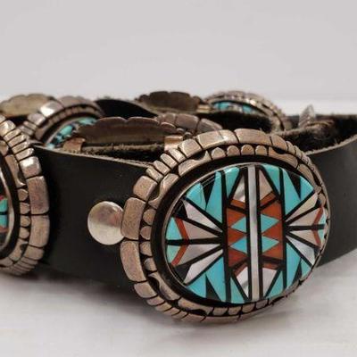 Sterling Sliver Native American Turquoise, Mother of Pearl, and Inlay Concho Belt, 458g
Weighs Approximately 458g, Measures Approximately...