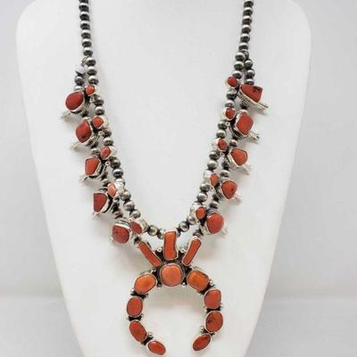 105: Large Signed Native American Handmade Sterling silver Squash Blossom Red Coral Stones,
• This Beautiful Navajo Squash Blossom...