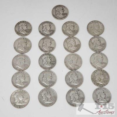 21 1951-1963 Franklin Silver Half Dollars Weighs Approx 262.8g
21 1951-1963 Franklin Silver Half Dollars Weighs Approx 262.8g