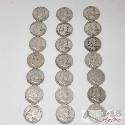 22 1952-1963 Franklin Silver Half Dollars, Weighs Approx 261.8g
22 1952-1963 Franklin Silver Half Dollars, Weighs Approx 261.8g