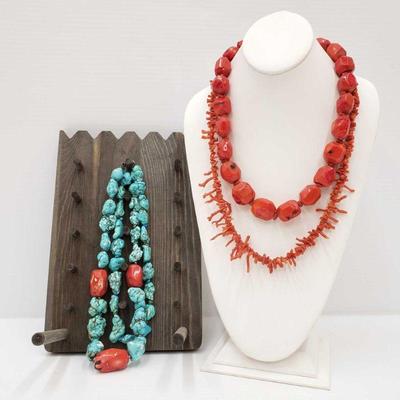2006: 3 Coral and Turquoise With Sterling Silver Clasp Necklaces Comes With Jewelry Stand
3 Coral and Turquoise With Sterling Silver...