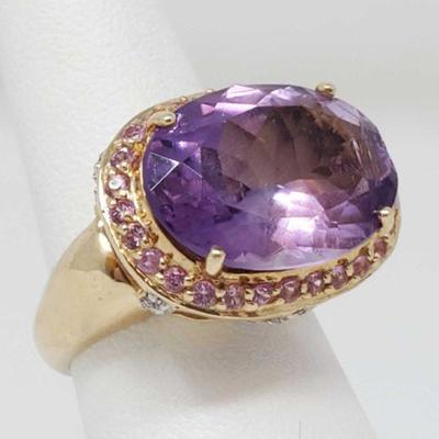 50: 14k Amethyst Oval Mixed Cut Ring w Diamonds and Pink Sapphires, 6.5 Appraised Over $3000
Size Approximately 6.5 weighs approx 8.4g...
