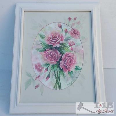 Roses Painting Signed, Framed
Roses oval painting and painted border 15.5" x 11.5". Signed. 18.5" x 14.5" white frame.