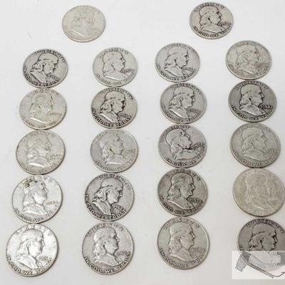 22 1952-1973 Franklin Silver Half Dollars, Weighs Approx 273.7g
22 1952- 1973 Franklin Silver Half Dollars, Weighs Approx 273.7g
