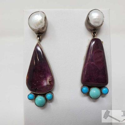 Artist Marked Native American Sterling Silver Earrings Complete w Pearl, Spiny Oyster, Turquoise
Artist Marked Native American Sterling...