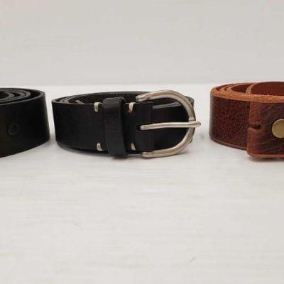 703: 3 Leather Belts
3 Leather Belts one comes with latch, other two do not come with latch.

