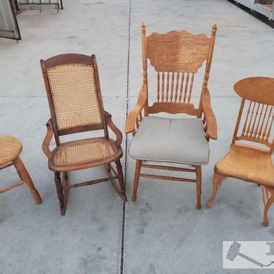 Wood Chairs, Rocking Chair, and Stool
Wood Chairs, Rocking Chair, and Stool