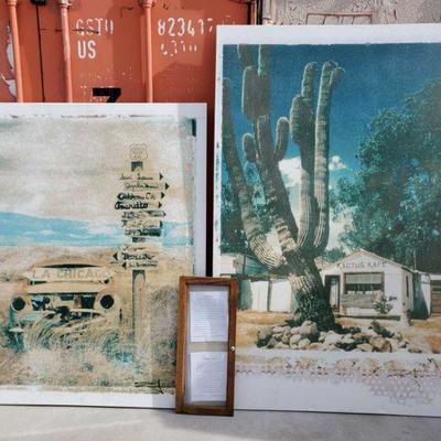Two Large Canvas Wall Art Pieces w/ Framed Art Descriptions
