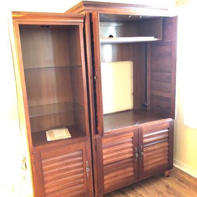 Southern Lifestyles (Riverside) Media Armoire w/Pocket Shutter Doors - $375
Matching Riverside Display/Book Cabinet w/Glass Shelves - $210
