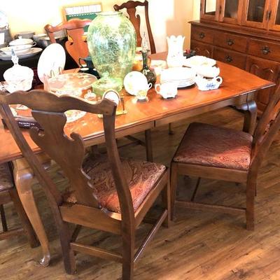 Heywood-Wakefield Honey Walnut Finish 3-Leaf Dining Table w/6 Chairs - $525