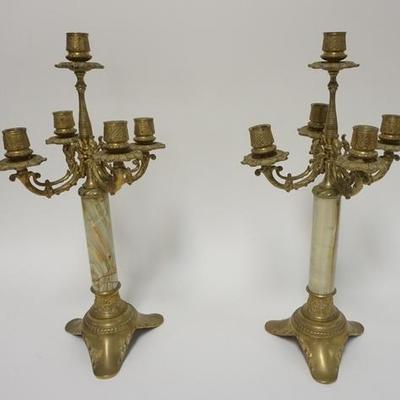 1087  PAIR OF BRASS AND GREEN ONYX 5 LIGHT CANDELABRA. 18 IN H
