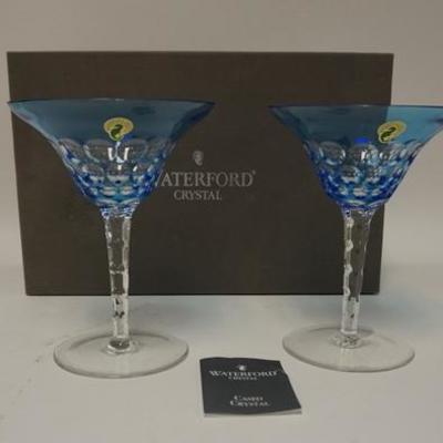 1021   PAIR OF WATERFORD BLUE CUT TO CLEAR CHAMPAGNES WITH ORIGINAL FITTED BOX. 7 1/8 IN H
