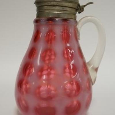1099  CRANBERRY OPALESCENT WINDOWS SYRUP JUG, 6 IN H 
