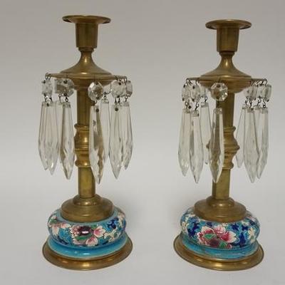 1093  PAIR OF BRASS CANDLE STICKS W/ LONGWY POTTERY BASES & CRYSTAL PRISMS, 9 3/4 IN H 
