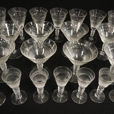 1019  22 PC TIFFIN ATHLONE CUT STEMWARE. SEVEN 5 1/4 IN GOBLETS, EIGHT 4 3/4 IN CHAMPAGNES AND SEVEN 4 1/4 IN GOBLETS
