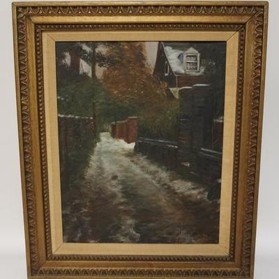 1047  OIL ON ARTIST BOARD  CANAL SCENE. 
             ARTIST SIGNED AND DATED 1963
