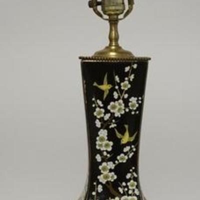 1213  HAND PAINTED ASIAN PORCELAIN LAMP DECORATED  W/ BIRDS & FLOWERS ON AN ORNATE METAL BASE, 31 IN H 
