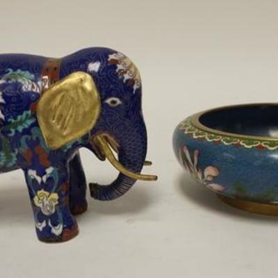 1285  CLOISONNE ELEPHANT & BOWL, ELEPHANT IS 5 1/2 IN H 
