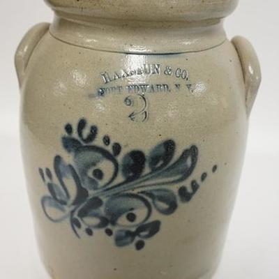 1058/  HAXSTUN AND CO, FORT EDWARD NY 2 GALLON BLUE DECORATED STONEWARE JAR. 11 1/2 IN H

