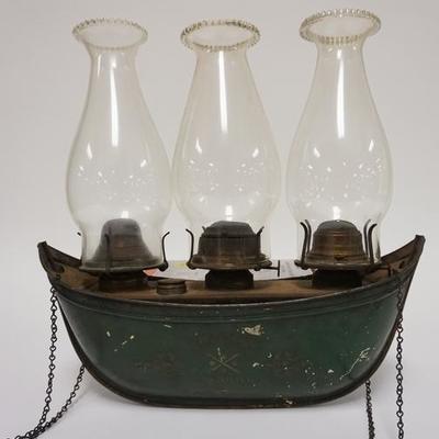 1001	1870 TIN BOAT SHAPED TRIPLE HANGING LAMP. MARKED CHICAGO WITH 1870 PATENT DATE. 14 IN WIDE
