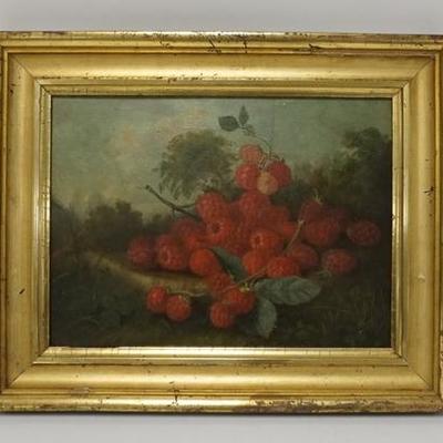 1207  OIL ON ACADEMY BOARD OF RASPBERRIES IN A GOLD LEAF FRAME, IMAGE IS 12 IN X 9 IN 
