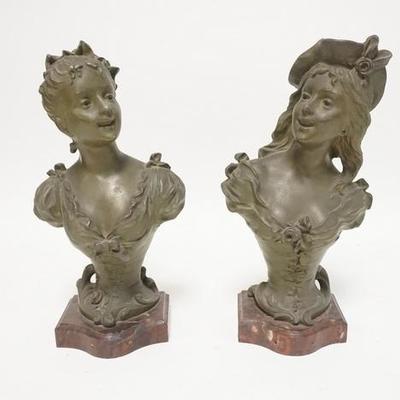 1265  PAIR OF SLYVAIN KINSBURGER METALS BUSTS OF WOMEN MOUNTED ON MARBLE BASES, 14 1/2 IN H 
