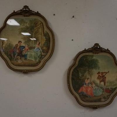 1027  PAIR OF ARTIST SIGNED COURTING SCENE PRINTS IN MATCHING ORNATE FRAMES. ONE HAS LIGHT FOXING. IMAGE 13 1/2 IN X 13 1/2 IN
