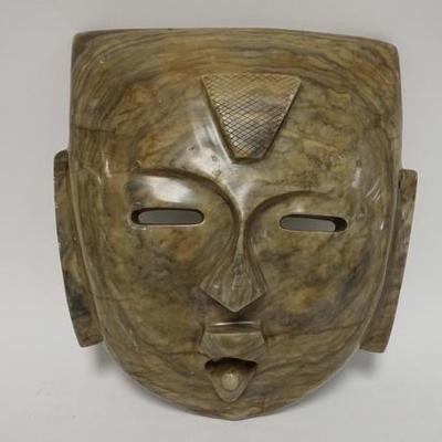 1224  HEAVY CARVED STONE MASK, HAS DRILLED HOLES FOR HANGING, 11 3/4 IN X 13 IN 
