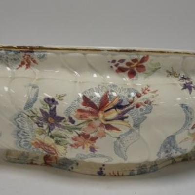 1293  SARREGUEMINES CENTERPIECE BOWL WITH FLORAL DECORATION.  15 IN ACROSS THE HANDLES 5 3/4 IN H 
