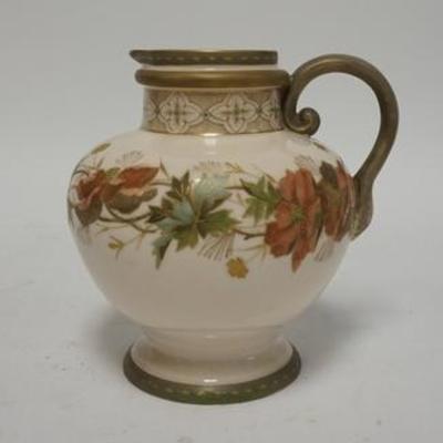 1227  ANTIQUE HAND PAINTED PORCELAIN PITCHER UNMARKED, 7 1/4 IN H 
