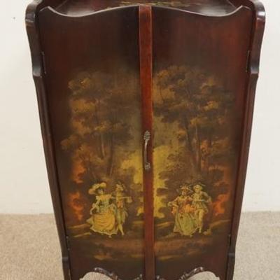 1013  PAINT DECORATED MUSIC CABINET WITH CARVED TRIM. SOME PAINT LOSS ON THE TOP SURFACE
