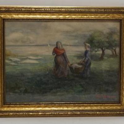 1290  ARTIST SIGNED WATER COLOR OF TWO WOMEN W/ A LAUNDRY BASKET, SIGNED LOWER RIGHT, IMAGE IS 12 1/2 IN X 9 IN 
