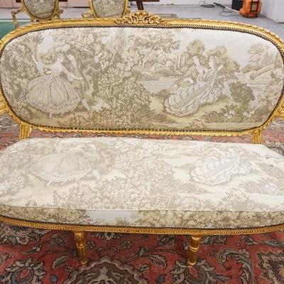 1063  CARVED GILT SETTEE WITH UPHOLSTERED SEAT, BACK AND ARM RESTS,

