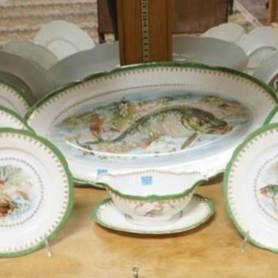 1096  13 PIECE IMPERIAL CROWN CHINA AUSTRIAN FISH SET, 21 IN PLATTER, 10 8 1/2 IN PLATES, SAUCE BOAT & UNDER PLATE 
